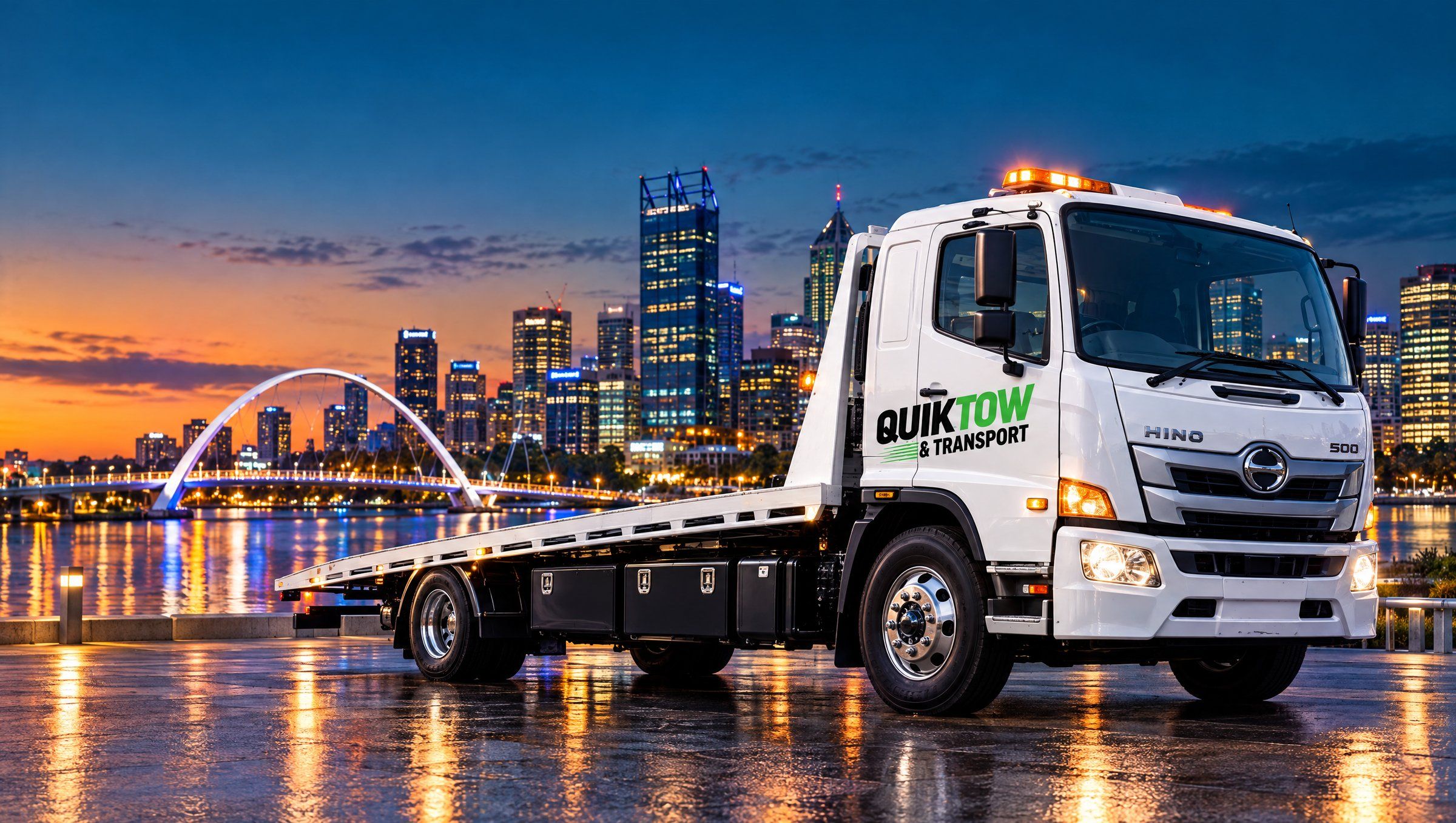 Quik Tow & Transport tilt tray tow truck at Elizabeth Quay with the Perth city skyline at dusk